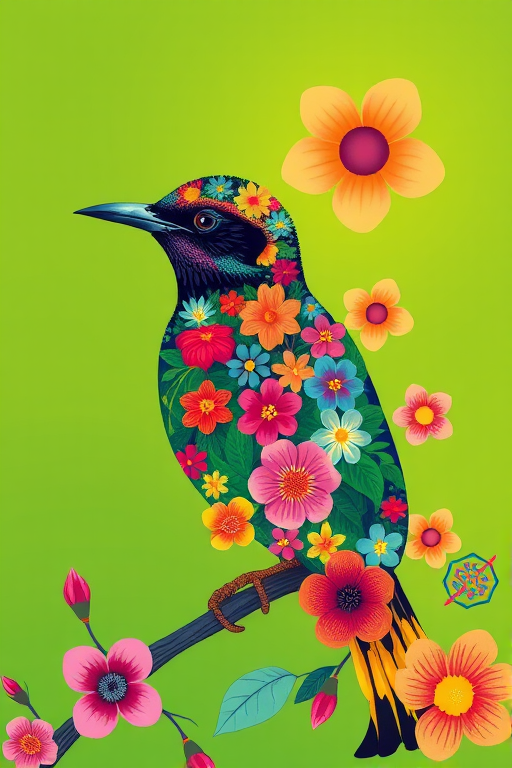 Create a colorful illustration of a bird filled with various flower patterns set against a vibrant green background using a digital drawing tablet, high resolution, with a vibrant color palette and soft shading effects.