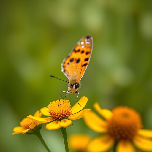 close-up shot of a butterfly perched on vibrant yellow flowers with a blurred green background, using a macro lens, aperture f/2.8, shutter speed 1/200 sec, ISO 100, natural light, DSLR camera, shallow depth of field
