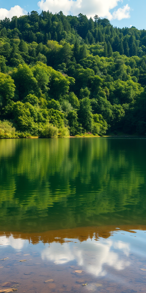 Generate a high-resolution image of a serene landscape featuring a tranquil lake surrounded by lush greenery, shot with a DSLR camera at 50mm focal length, aperture set to f/8, ISO 100, with a vibrant color profile and natural lighting, from a slightly elevated angle to capture the reflection on the water.