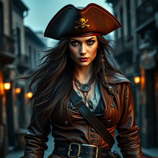 Create a portrait of a fierce female pirate. She wears a leather tricorn hat adorned with a skull and crossbones emblem, and her long, dark hair flows around her face. Her outfit consists of a richly detailed leather jacket, a corset, and multiple layers of belts and accessories, giving her a formidable and stylish appearance. She stands confidently in a dimly lit, historic port town, with a backdrop of weathered buildings and cobblestone streets, capturing the adventurous spirit of a pirate.