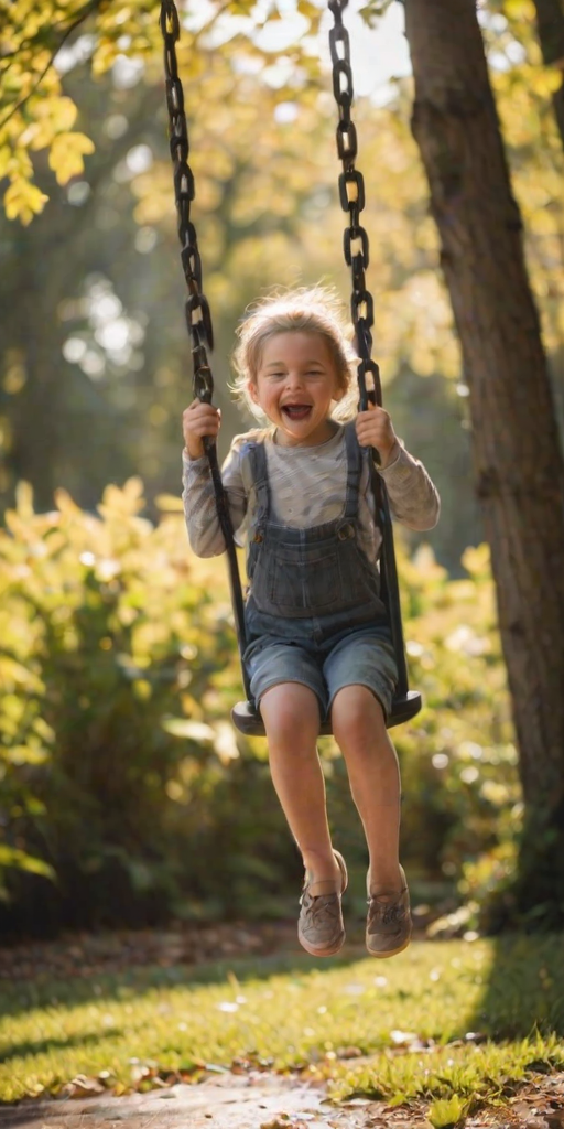 Blurry action shot of a child swinging on a tire swing, mid-air with a wide smile, sunlight filtering through the leaves above, soft shadows cast on the ground, the distant sound of laughter and birds chirping in the background.