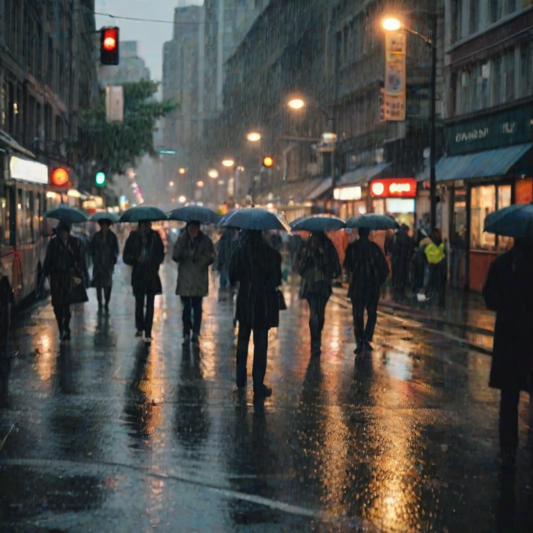 Blurry candid shot of a group of people huddled under umbrellas on a rainy city street, soft light from nearby street lamps reflecting off the wet pavement, with distant cars and buses moving through the scene.
