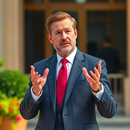 Create a high-resolution watercolor portrait of a man in a suit gesturing, shot with a Canon EOS R5 at f/2.8, ISO 100, 50mm lens, natural soft light, shallow depth of field, vibrant colors, and a slightly blurred background for emphasis.
