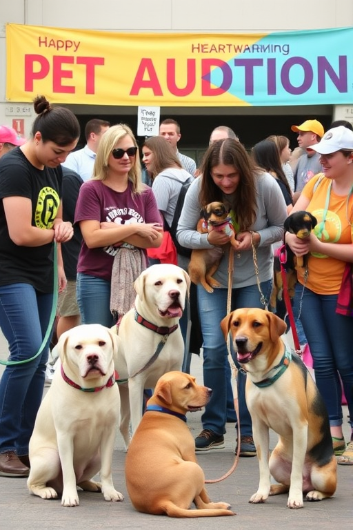 Heartwarming pet adoption event, featuring volunteers with dogs of various breeds, families interacting with the animals, and colorful banners promoting the cause, creating a heartwarming atmosphere.