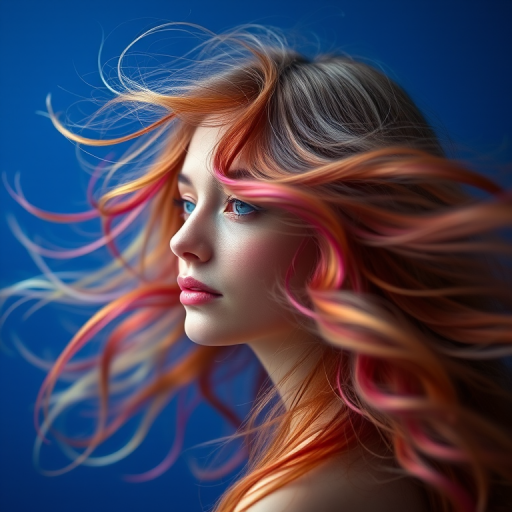 Create a surreal portrait of a person with flowing hair resembling colorful waves against a deep blue background, captured with a DSLR camera at f/1.8 aperture, 50mm lens, ISO 200, and a soft focus effect to enhance the ethereal quality.