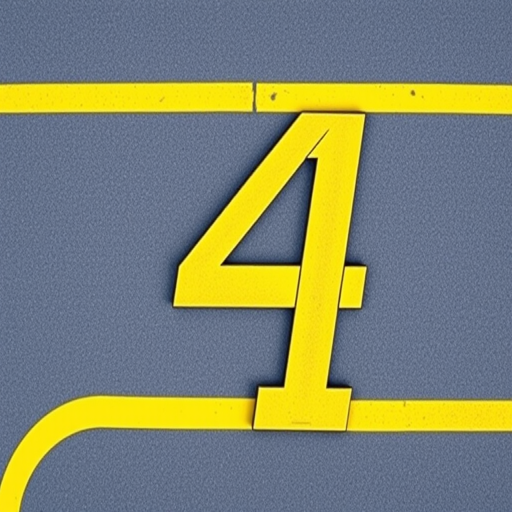 Create a vibrant image of the number 4 designed with a racing track theme, featuring bold yellow lines with subtle highlights and shadows for depth, shot with a DSLR camera at f/4 aperture, ISO 100, 1/200s shutter speed, using a wide-angle lens from a top-down view.