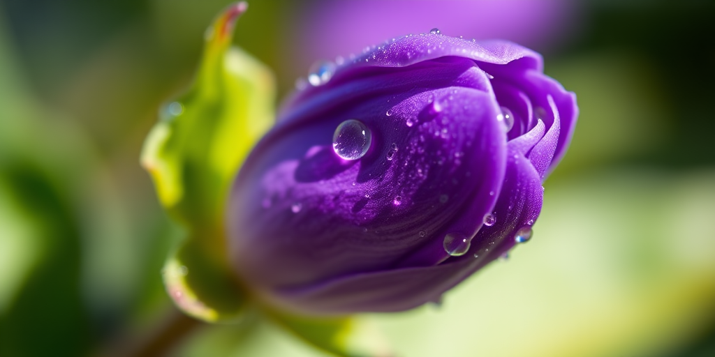 macro shot of a purple flower bud with dew drops on it, surrounded by green leaves, natural light, f/2.8 aperture, 1/100 sec shutter speed, ISO 200, DSLR camera with a 50mm lens, soft focus background