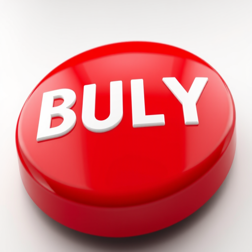 Create a 3D rendering of a large, glossy red button with the word "BUY" prominently displayed in white on top, use a DSLR camera with a 50mm lens, aperture set to f/2.8, ISO 100, shot from a low angle to highlight the button's dimensions and reflections, with soft, diffused lighting to minimize shadows.