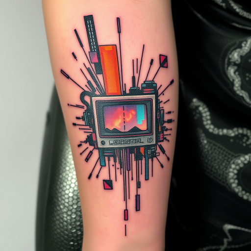 Glitch art tattoo called "Digital Disruption" incorporating pixelated elements and distorted imagery to create a unique cyberpunk-inspired design that appears to malfunction