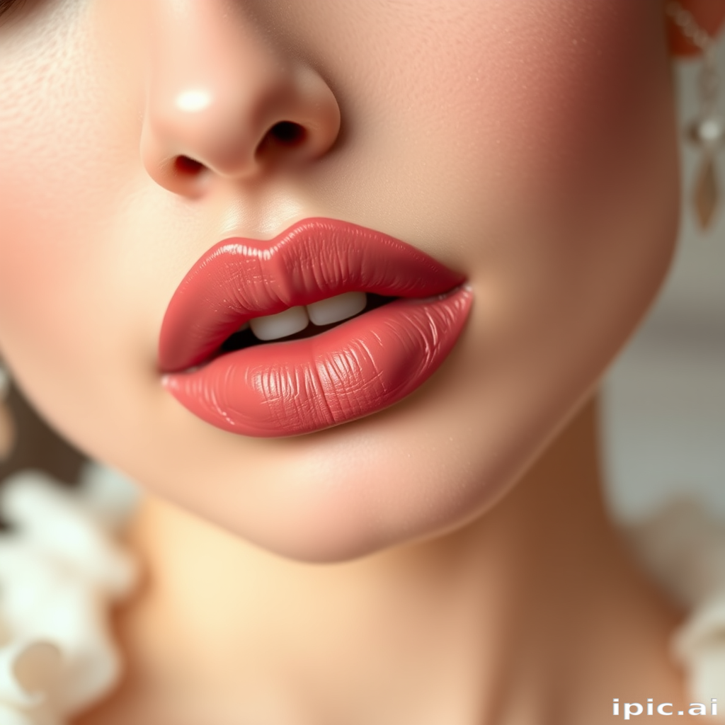 Matte dusty rose lips with a powdery finish, soft and feminine, evoking vintage glamour and timeless elegance