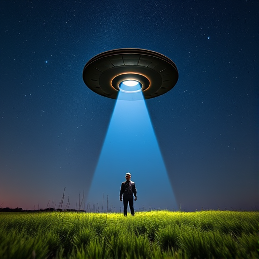 Create a high-resolution image of a UFO beaming up a figure from a grassy field under a starry night sky with a visible planet in the background, captured with a DSLR camera at f/2.8, ISO 800, 30-second exposure, wide-angle lens, and a low-angle view for dramatic effect.
