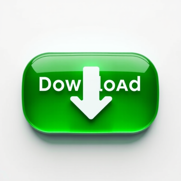 create a glossy green download button with a white downward arrow, using a Canon EOS R5 camera, f/4 aperture, 50mm lens, ISO 100, top-down view, soft lighting, high-resolution to enhance image quality