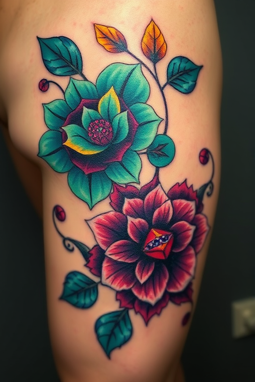 Neo-traditional tattoo named "Floral Reverie" featuring bold, stylized flowers in rich jewel tones of emerald, sapphire, and amethyst, accented with golden leaves and swirling vines, combining thick outlines with smooth color gradients for a striking visual impact, suitable for thigh or shoulder placement