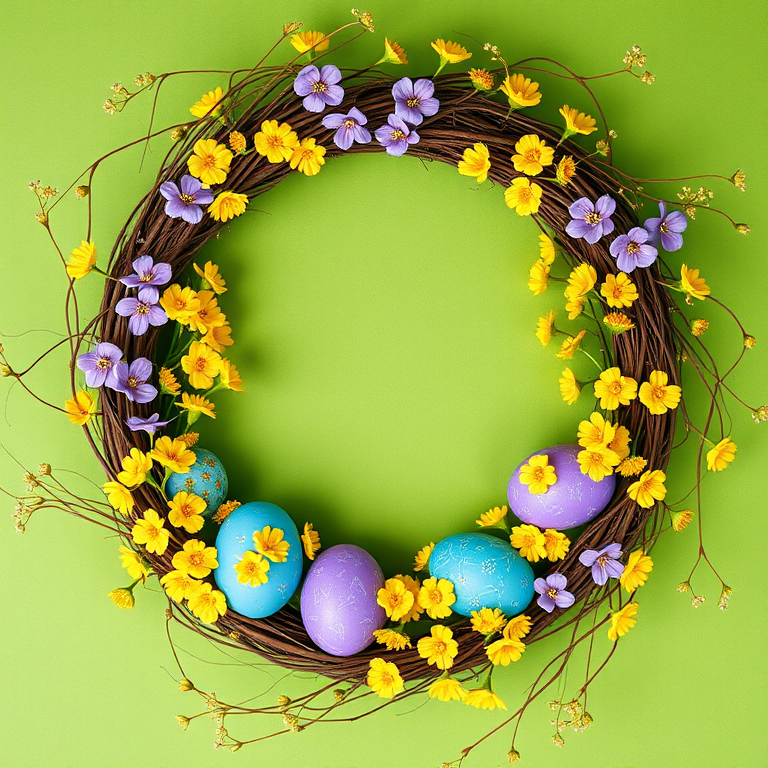 Create a vibrant floral wreath with green background featuring purple and blue eggs surrounded by yellow flowers and delicate vines, shot with a DSLR camera at f/4 aperture, 50mm lens, and natural lighting for enhanced color and detail.