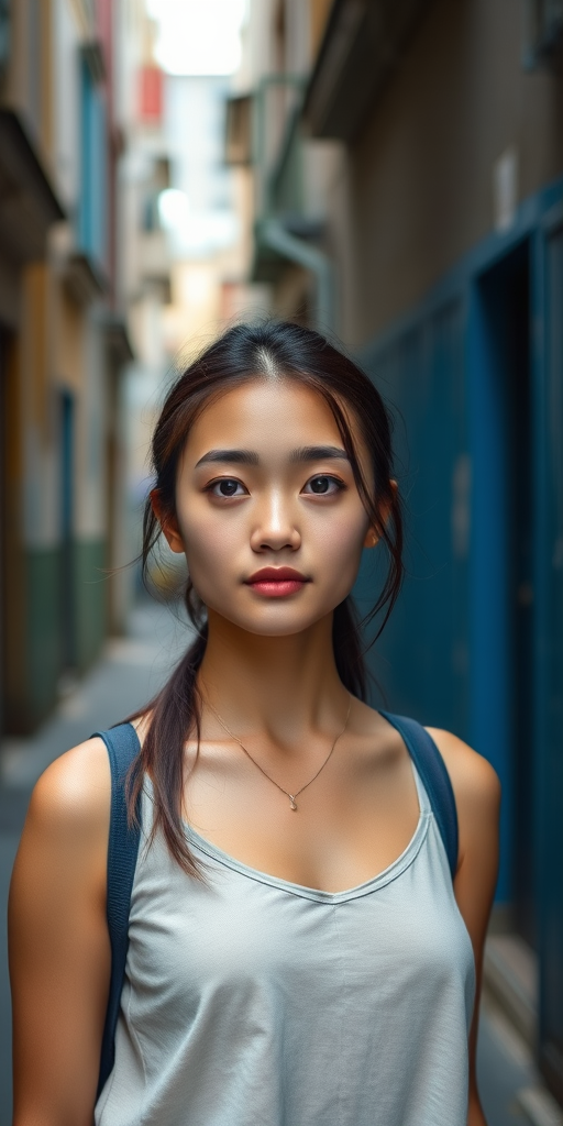 portrait of a young woman standing in an urban alley with a blue wall, natural lighting, 50mm lens, f/1.8 aperture, ISO 100, shallow depth of field, soft bokeh background, high-definition quality