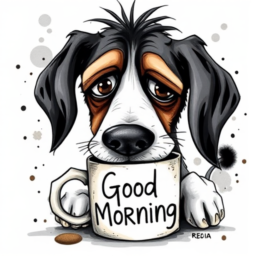 A quirky, artistic illustration of a disheveled basset jack dog breed with exaggerated, large eyes and spiky fur, holding a coffee mug that reads "Good Morning". The dog has a tired but humorous expression, with ink splatters and abstract details surrounding it, giving a whimsical feel to the image. The color palette is mostly monochrome with hints of white in the eyes and steam rising from the mug, enhancing the overall sleepy vibe