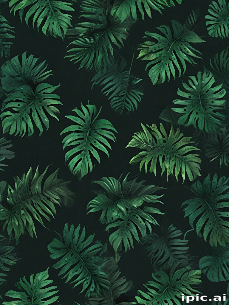 Lush Tropical Leaves Creating a Vibrant Green Pattern on Dark Background