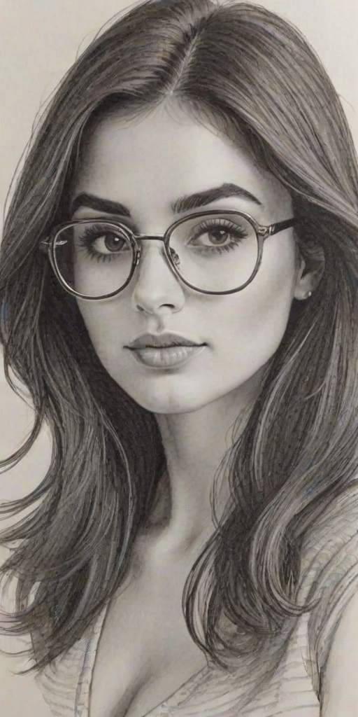 Bewitching Mikaela Hoover, pencil sketch, portrait of Pleasing woman 1967s in glasses, hair style beatnik, outline, clear lines, fine lines, 8k