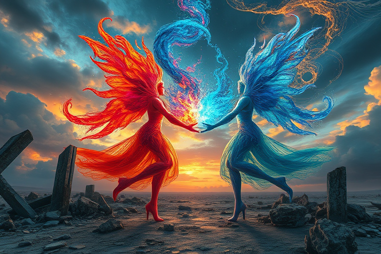 fantasy scene of two ethereal beings with colorful auras clashing energy in a ruined landscape, dramatic sky swirling with cosmic elements, high-resolution, 35mm lens, f/8 aperture, ISO 100, HDR photography, high dynamic range, wide-angle view