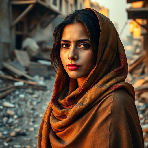 Portrait of a woman in a traditional scarf set in a dilapidated urban environment filled with debris and smoke, captured with a DSLR camera, 50mm lens, aperture f/1.8, ISO 200, in natural lighting during golden hour for enhanced warmth and detail.