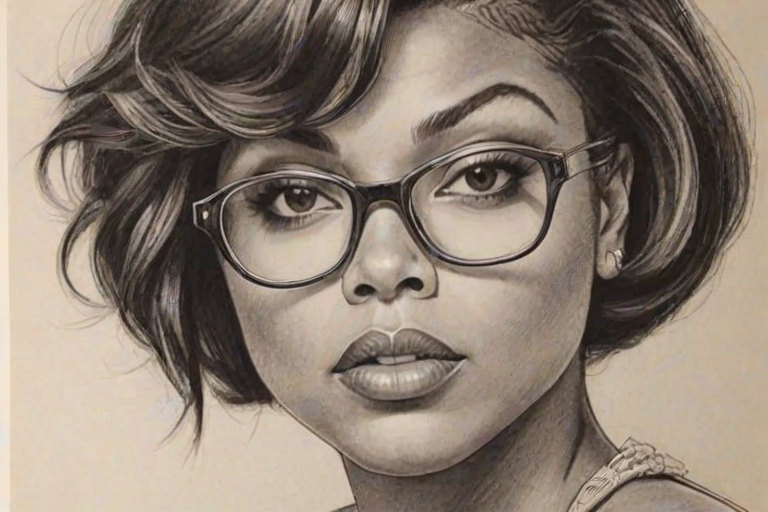 Exquisite Taraji P. Henson, pencil sketch, portrait of Sublime woman 1922s in glasses, hair style beatnik, outline, clear lines, fine lines, 8k