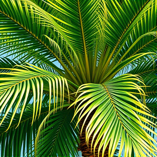 Create a highly detailed illustration of a tropical palm tree with lush green leaves, captured using a DSLR camera at f/2.8 aperture, ISO 100, 50mm lens, in natural sunlight to enhance color vibrancy and texture.