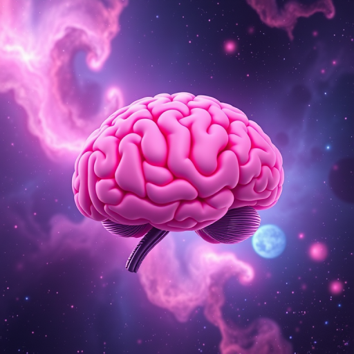 Create a hyper-realistic digital illustration of a pink brain floating in a vibrant cosmic space background with swirling nebulae, using a Canon EOS 5D Mark IV with a 50mm f/1.8 lens, aperture set to f/2.8, ISO 100, and a shutter speed of 1/125 seconds for enhanced sharpness and depth of field.