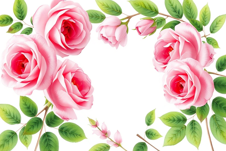 Create a soft, watercolor floral frame featuring pink roses and green leaves, using a Canon EOS R5 with a 50mm f/1.2 lens, aperture set to f/2.8, ISO 100, in natural light, with a focus on vibrant colors and delicate brushstroke details.