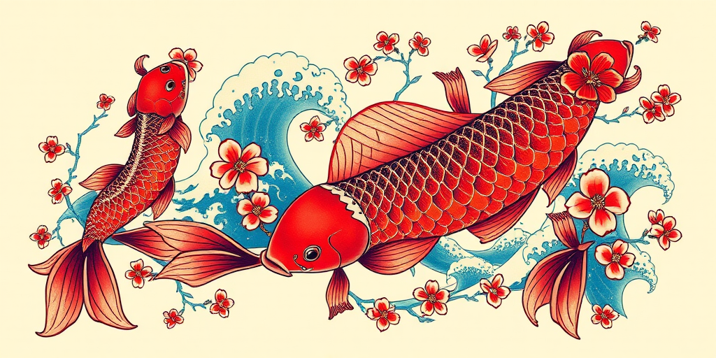Bold traditional Japanese koi fish tattoo in rich reds and blues, swimming through stylized waves and cherry blossoms, covering the entire sleeve in a dynamic and culturally significant design