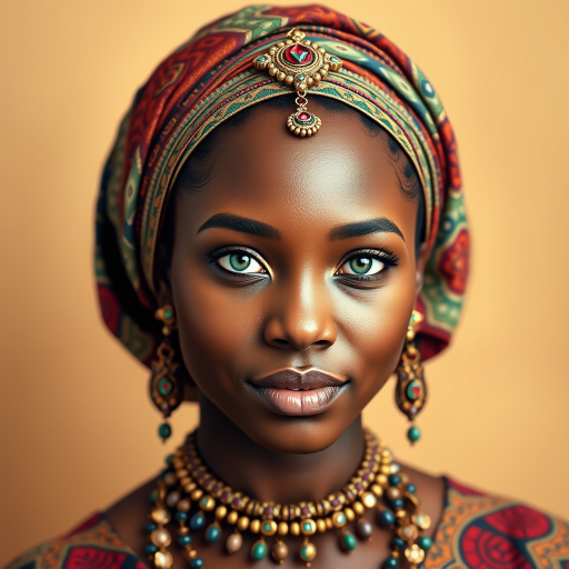 Create a portrait of a beautiful Igbo woman with striking green eyes and a gentle expression. She is adorned in traditional attire with intricate patterns, including a richly embroidered headscarf and matching garments. Her jewelry includes a delicate headpiece, dangling earrings, and ornate bracelets, all featuring vibrant gemstones and detailed metalwork. The background is soft and warm, enhancing the rich colors of her outfit and jewelry.