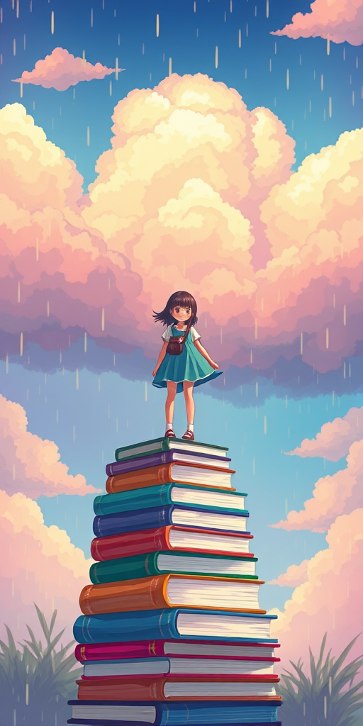 Create a vibrant digital illustration of a girl standing on a pile of colorful books with a dreamy sky full of clouds and raindrops, using a DSLR camera with a 50mm lens, f/1.8 aperture, ISO 100, and a slight vignette effect for enhanced depth and quality.