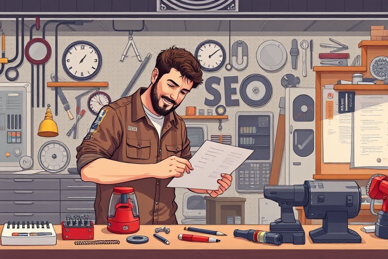 Create an illustration of a man working on SEO tools and machinery in a workshop setting, using a Canon EOS 5D Mark IV with a 50mm lens, aperture set to f/2.8, ISO 100, and a high dynamic range to enhance detail and clarity.