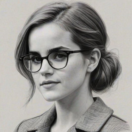 Charming Emma Watson, pencil sketch, portrait of Beauteous woman 1960s in glasses, hair style beatnik, outline, clear lines, fine lines, 8k