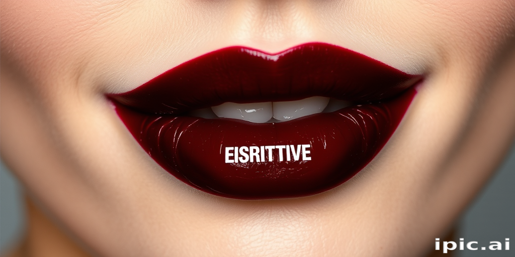 Dramatic black cherry lip stain creates an intense, vampy look on well-defined lips, emphasizing their fullness and creating a striking contrast against fair skin