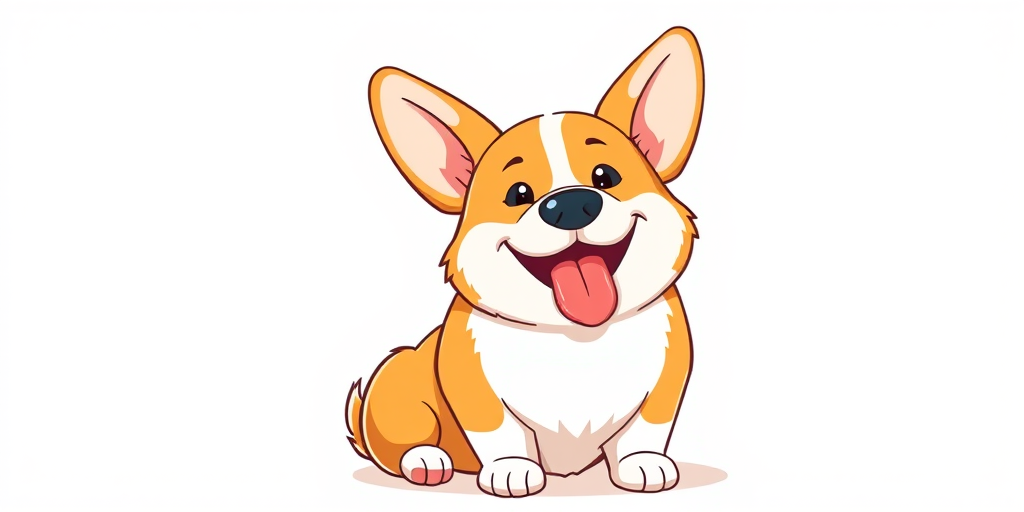 create a digital illustration of a happy corgi sitting with its tongue out against a plain white background, using a Canon EOS R5 camera with a 50mm f/1.2 lens, set at ISO 100, f/1.2 aperture, and 1/200s shutter speed, in a bright and colorful cartoon style.