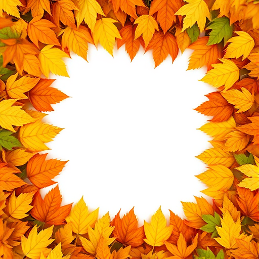 Create an image of a blank square frame surrounded by colorful autumn leaves in orange, yellow, and green tones, captured with a Canon EOS R, 50mm lens, f/2.8 aperture, ISO 100, natural lighting, top-down view.