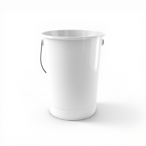 Create a high-resolution illustration of a simple bucket with a handle, using a DSLR camera with a focal length of 50mm, aperture set to f/8, shot from a slightly elevated angle to enhance depth, in a studio lighting setup to achieve a clean and sharp appearance.