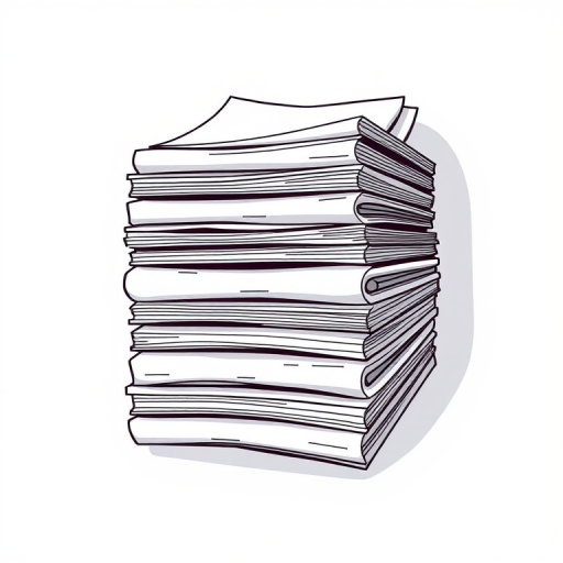Create a detailed illustration of a stack of documents with a clean background, using a DSLR camera with an aperture of f/2.8, ISO 100, 50mm lens, shot from a top-down view to enhance clarity and depth.