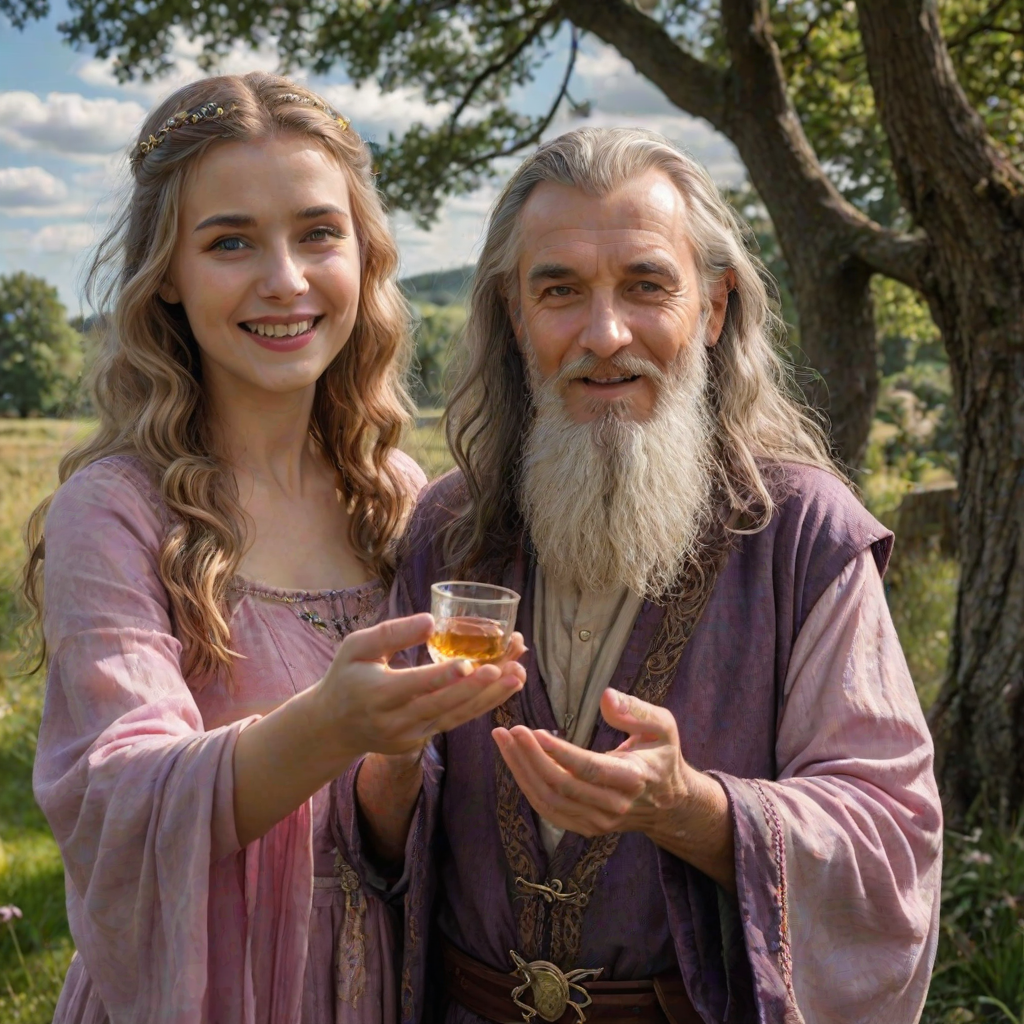 Create a super realistic photo portrait of the sorceress Nimue enthralling the old long haired and bearded magician Merlin with the scent of a magic perfume-potion. Merlin's senses are blurred and he has a happy smile on his face like that of a slightly drunken man. Nimue is standing opposite of Merlin facing him. She is holding out the potion with both hands towards Merlin's nose. A visual depiction of the pink scent soflty creeps into Merlin's nostrils. The picture is set in front of a typical British landscape with grass, a dry stone wall and old and big trees. Cloudy skies with sun-rays braking through giving the picture a soft and romantic tone. HDRI, 8k,V-Ray render