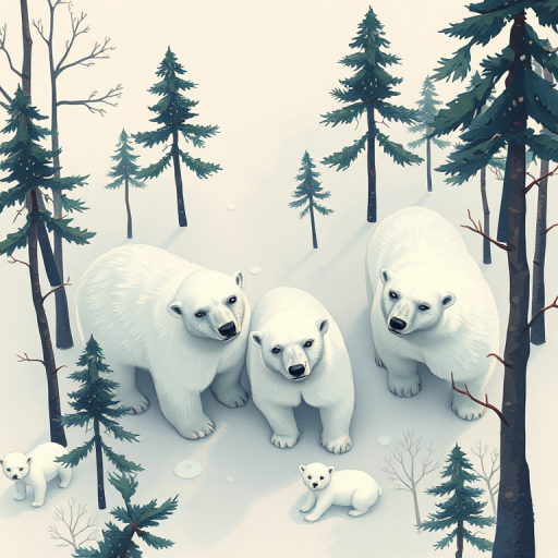 elaborate illustration of polar bears amid stylized trees in a muted color palette, focus on artistic details and texture, shot with a DSLR camera at f/8 aperture, 50mm lens, natural lighting, top-down view for enhanced depth and composition