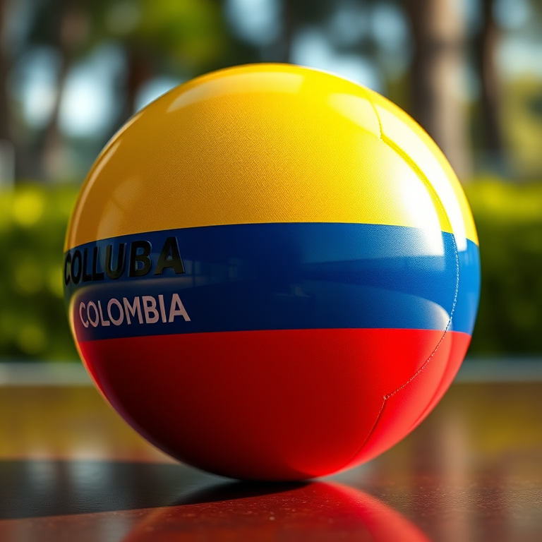 Create a detailed 3D rendering of a sphere featuring the flag of Colombia, focusing on vibrant colors and smooth reflective surface, captured with a Canon EOS R5 at f/8, ISO 100, 1/200 sec, from a low angle viewpoint with soft natural lighting for enhanced depth and clarity.