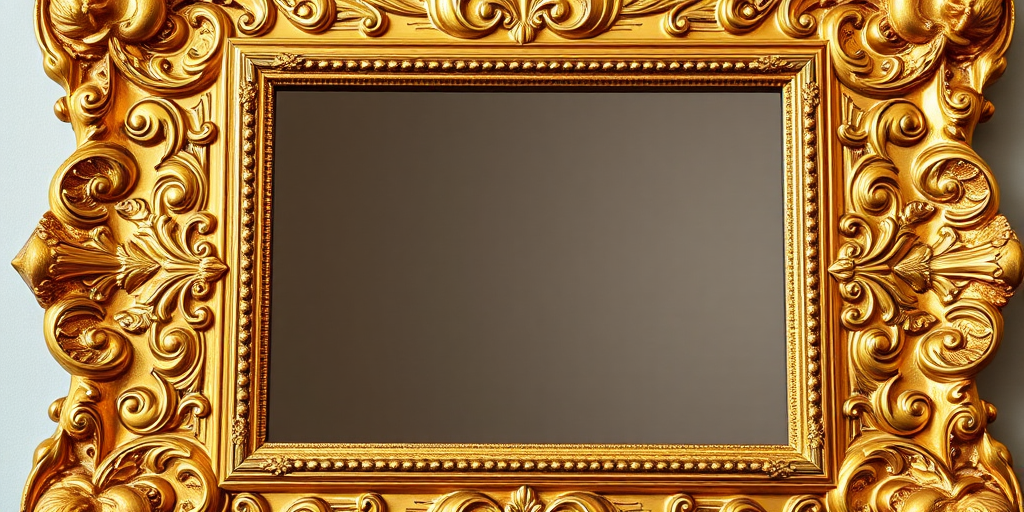 Create a highly detailed golden ornate picture frame with intricate patterns, using a DSLR camera with a 50mm lens, aperture set to f/1.8, ISO 100, and a shallow depth of field, shot from eye level to enhance clarity and focus on the frame details.