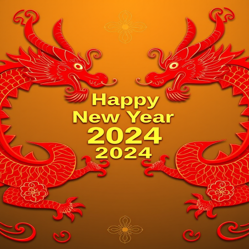 Create a vibrant New Year greeting card featuring two intricate red dragons on either side, with "Happy New Year 2024" prominently displayed in the center, using a Canon EOS R5 camera, aperture f/4, ISO 100, 50mm lens, vibrant colors and high contrast settings for enhanced clarity and detail.