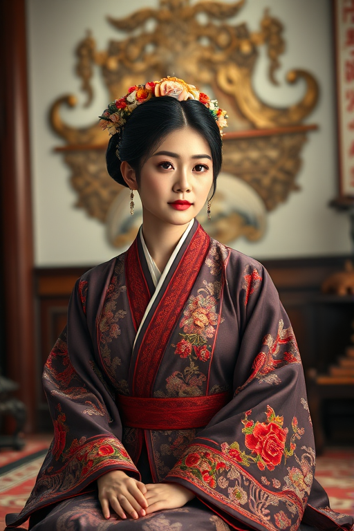 A beautiful Ryukyuan woman in traditional East Asian attire, intricately detailed with embroidered patterns, sitting gracefully in a richly decorated room, soft ambient lighting, serene and elegant, ultra-realistic, 8K resolution