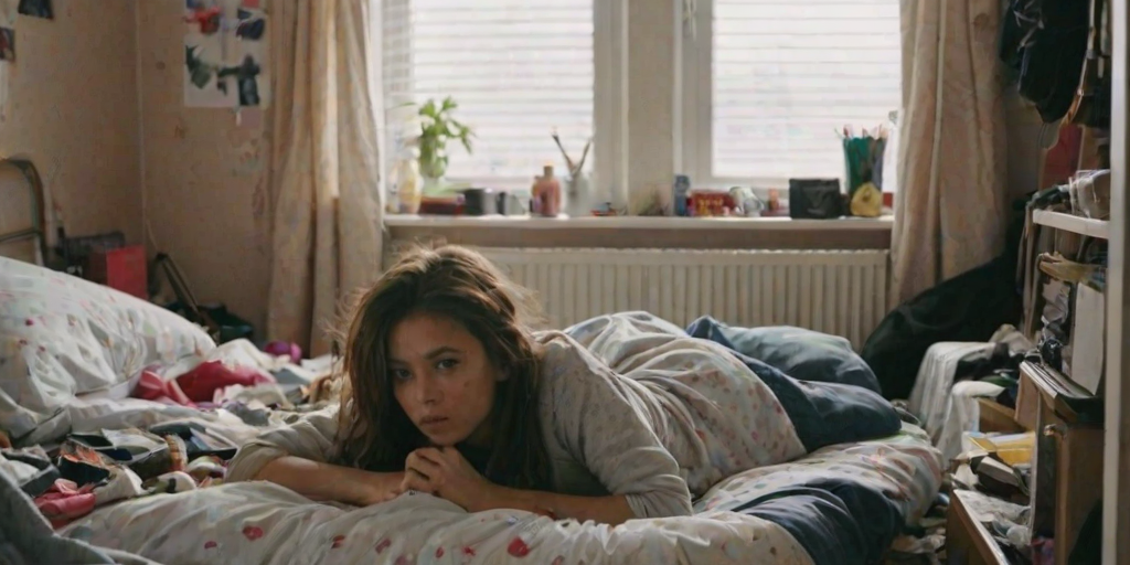 messy, indoors, 1girl, bedroom, bed, lying, messy room,