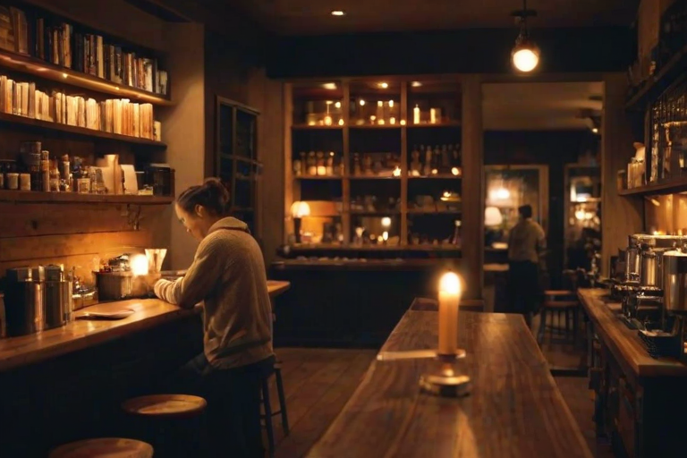 Warmly lit photo of a cozy cafeinterior with soft candlelight reflecting off wooden tables, a barista making coffee in the background, and bookshelves lining the walls.