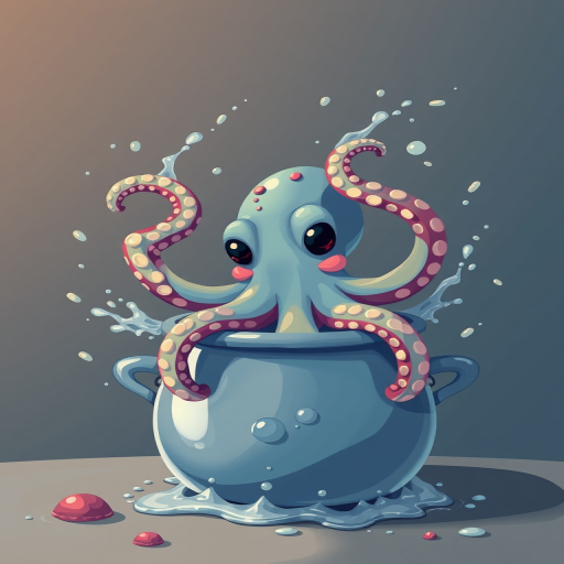Create a high-resolution vector illustration of a playful octopus emerging from a pot with splashes around it, using a Canon EOS R5 with a 50mm lens, at f/2.8, ISO 100, shot in a standard view with vibrant colors and sharp details.