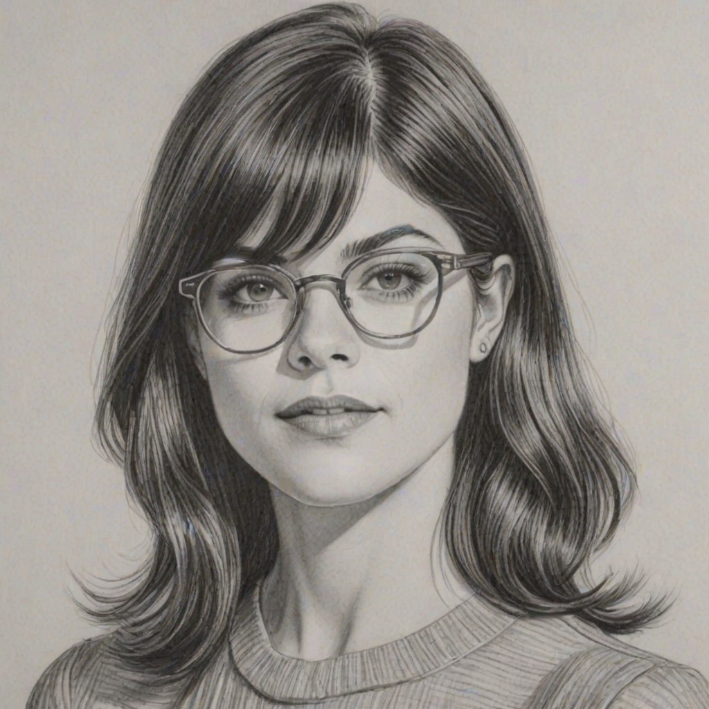 Magnificent Selma Blair, pencil sketch, portrait of Elegant woman 1964s in glasses, hair style beatnik, outline, clear lines, fine lines, 8k