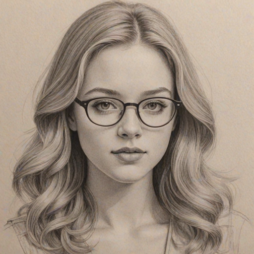 Lovely Jade Pettyjohn, pencil sketch, portrait of Exquisite woman 1973s in glasses, hair style beatnik, outline, clear lines, fine lines, 8k