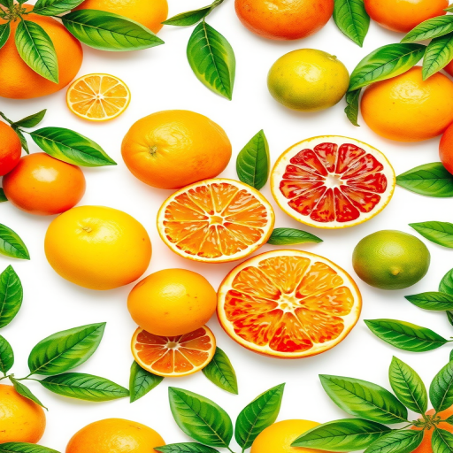 generate a vibrant watercolor pattern of assorted citrus fruits including oranges, lemons, limes, and grapefruits with lush green leaves on a white background, shot with a Canon EOS R5 at f/8, 1/125 sec, ISO 100, using a macro lens for fine detail and vibrant colors.